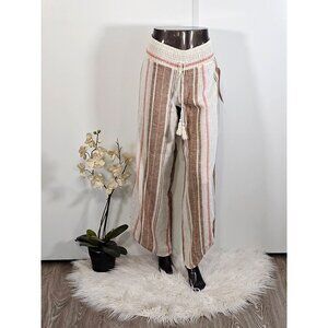 Vanilla Star Women's Beige Coral Linen Boho Striped Wide-Leg Pants Sz L 2271